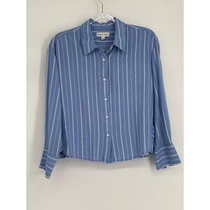 Alex & Jordan Blue White Striped Rayon Button Down Shirt Womens Sz L Long Slv